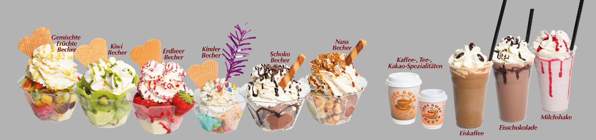 Übersicht der Eisbecher in Philipps Eisdielerei